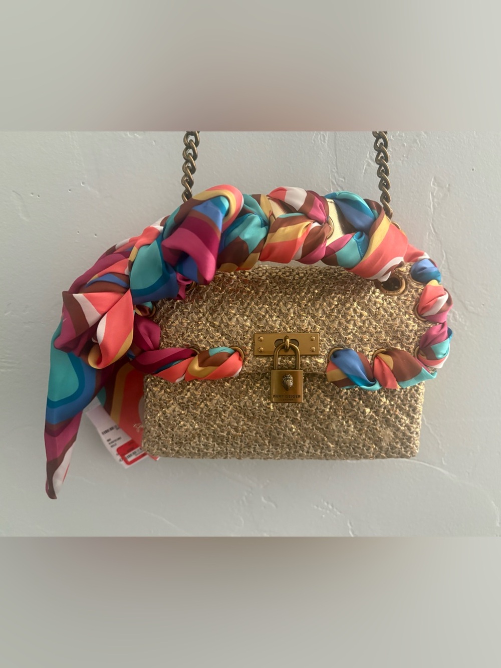 NWT Kurt Geiger London Mini Brixton Scarf Shoulder Bag - Metallic Gold Fabric